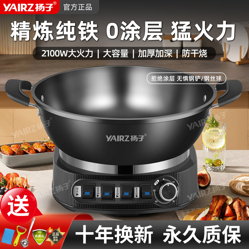 Yangzi Electric Frying Pan, Cast Iron Non-Coated Non-Stick Pan, Multi-Functional Cooking and Steaming All-In-One Electric Steamer, Electric Hot Pot