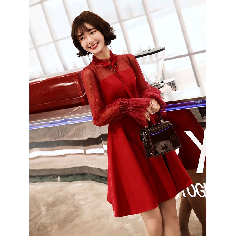 2026 New Style Toast Dress for Brides, Spring Modern Formal Dress, Slim-Fit Red Short Dress for Banquets