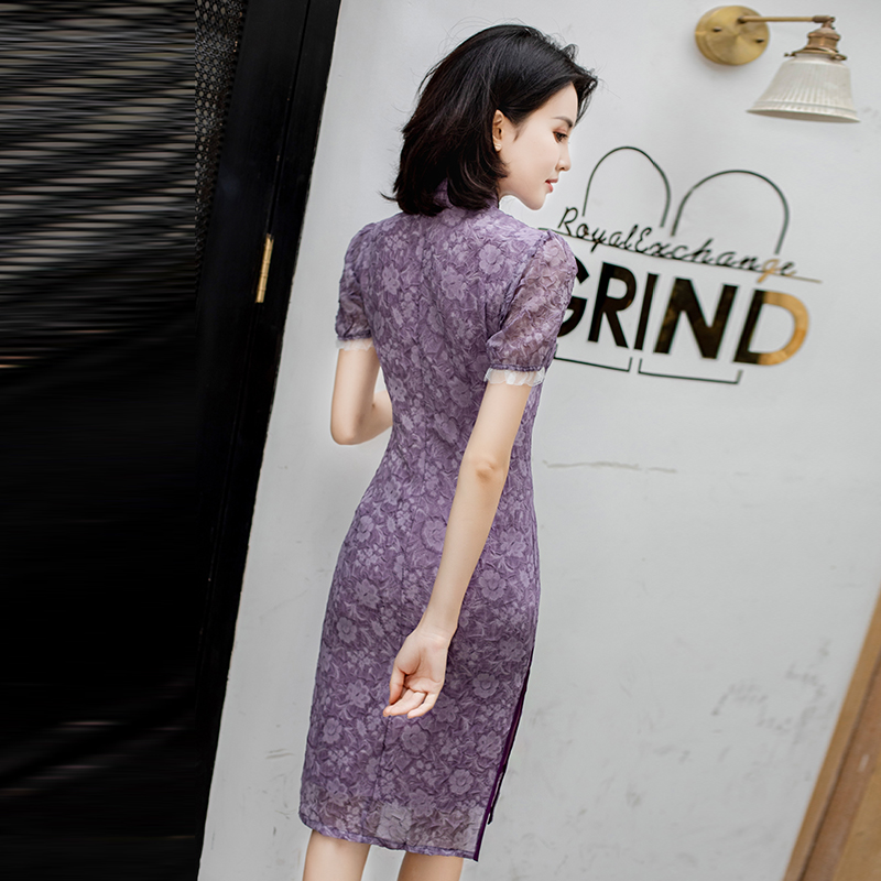 Purple fashionable cheongsam, lace dress, french style, Chinese style Purple fashionable cheongsam, lace dress, french style, Chinese style