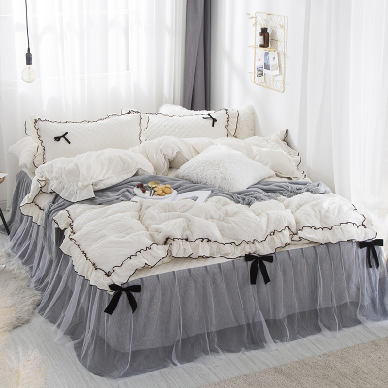 Winter thickened coral velvet bed four-piece set crystal velvet princess style warm thickened quilted bed skirt plush bed cover