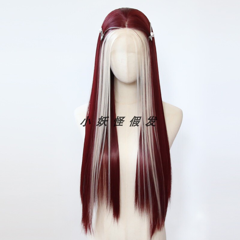 Wine Red Highlights with Platinum Blonde Lace Front European and American Style Asian High-Temperature Fiber Wig, Middle Part Natural Full Wig Set