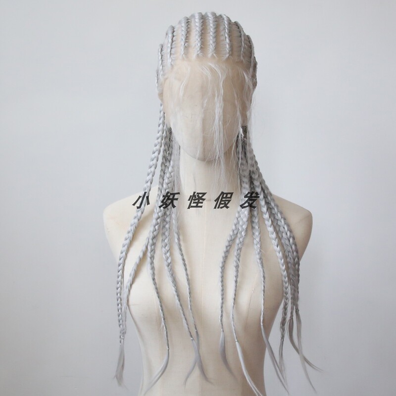 Silver-White Braided Wig with Full Lace, Synthetic High-Temperature Fiber, Long Three-Strand Hand-Braided Thick Dreadlocks, Full Wig