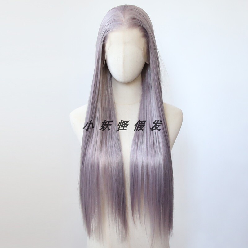 Gray-Purple Lace Front Synthetic High-Temperature Fiber Wig, Brightening Purple-Gray Realistic European and American Long Straight Hair Full Wig Set