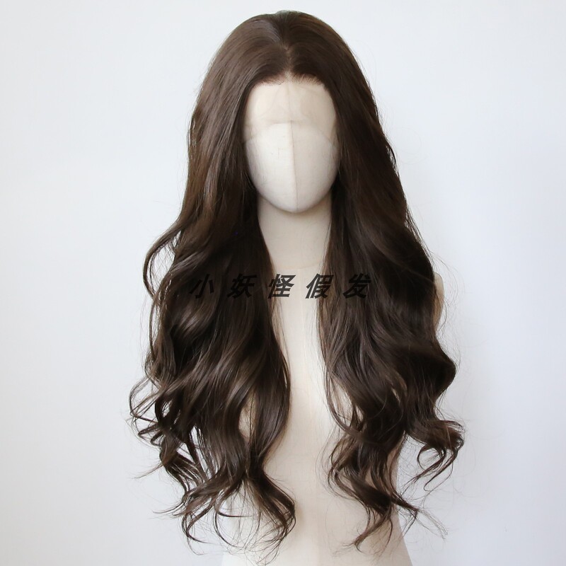 Black Tea Color Dark Brown Lace Front Wig High-Temperature Fiber Highlights White Realistic Chocolate Brown Big Wave Curly Full Wig Set