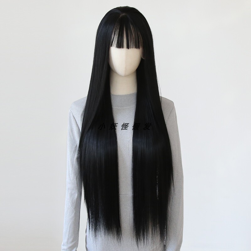 Natural Black Full Lace Front Wig with Bangs, Realistic Black Bangs, High-Temperature Fiber Full Wig