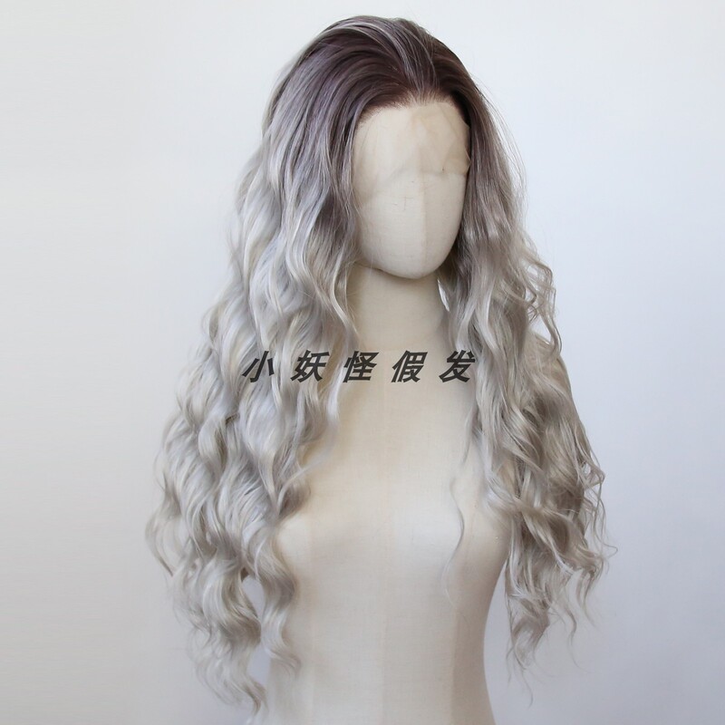 Gradient Ash Gold Front Lace Silver Gray High-Temperature Fiber Full Head Wig Long Wool Curls Asian Complexion-Enhancing Full Wig Set Gradient Ash Gold Front Lace Silver Gray High-Temperature Fiber Full Head Wig Long Wool Curls Asian Complexion-Enhancing Full Wig Set