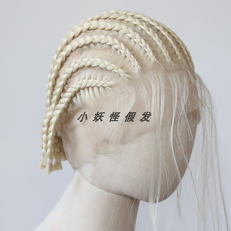 Golden Ultra-Short Dreads with Thick Braids, Full Lace Golden Yellow Hand-Knitted High-Temperature Fiber Three-Strand Dreadlocks Full Wig Set