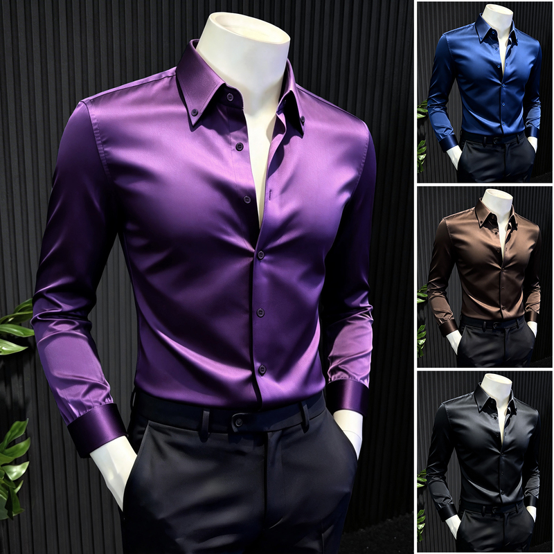 Purple Button-Down Luxury Satin Men's Long-Sleeve Shirt with a High-End Silky Feel, New 2026 Autumn Style