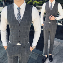 Autumn mens plaid suit vest pants suit slim Korean version of the trend jacket casual pony clip vest men