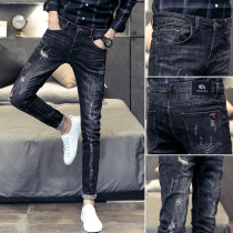 Skinny nine-point jeans mens 2021 new fashion brand hole slim-fit small-legged trousers summer thin pants men
