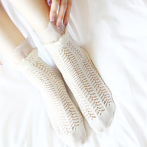 Exit Japan Meritocratic White Yarn Woman Socks Pure Cotton Hollowed-out Mesh Herringbone Textured Breathable Woman Short Socks Pure Color Thin Spring Summer