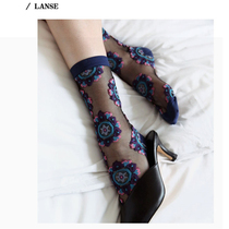 Totem retro flower card stockings transparent glass silk Womens Mid-line socks thin breathable socks spring and summer legs plastic