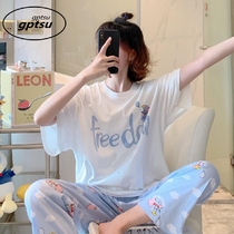 Japan Gp Pajamas Woman Summer Short Sleeve Long Pants Pure Cotton Student Midsleeve Thin can outwear a home suit suit