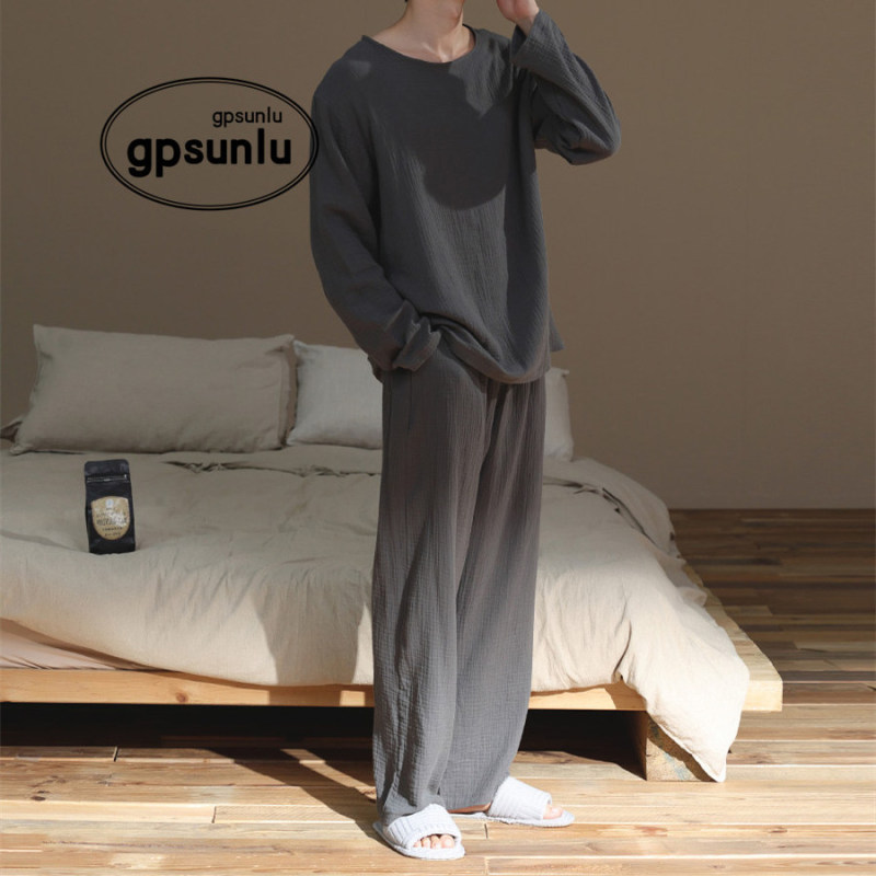 Japanese Gp Pure Cotton Men's Pajamas Spring and Autumn Style Solid Color Long-Sleeved Long Pants Pullover Simple All-Cotton Loungewear Set Winter