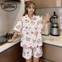 Japanese GP Summer Short Sleeve Pyjamas Woman Han Edition Cartoon Little Bear Pure Cotton Loose thin-style sweatshirt Home Clothing Tide