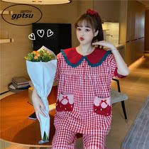 Japan Plaid Princess Short Sleeve Pyjamas Woman Summer Pure Cotton Korean Version Sweet And Cute Red All-cotton Home Suit Suit