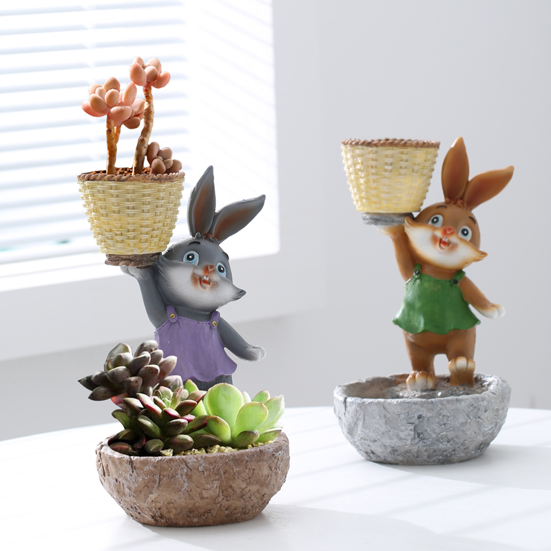 Cute Animal Succulent Desktop Green Plant Rabbit Holding Basket Home Decor Resin Flower Pot Cartoon Creative Personality
