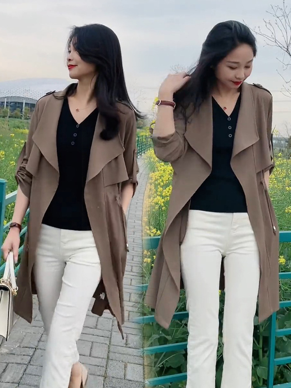 Women's Mid-Length Trench Coat 2026 Spring and Autumn New Casual Loose Top with Waist-Cinching Slimming Effect for Petite Figures