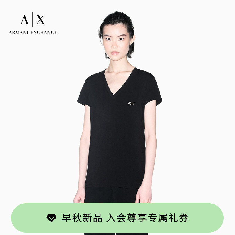 Armani Exchange/Armani's 26Th Autumn New Women's V-Neck Short-Sleeved Right-Shoulder Embroidered Stretch T-Shirt