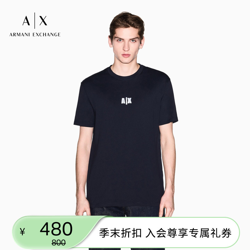 Armani Exchange/Armani's New Summer Style Men's Round Neck Short-Sleeved Right-Shoulder Embroidered Retro Cotton T-Shirt