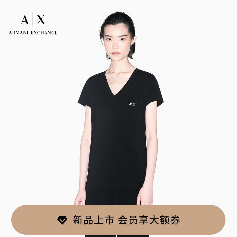 Armani Exchange/Armani's New Autumn and Winter Women's V-Neck Short-Sleeved Right-Shoulder Embroidered Stretch Cotton Simple T-Shirt Armani Exchange/Armani's New Autumn and Winter Women's V-Neck Short-Sleeved Right-Shoulder Embroidered Stretch Cotton Simple T-Shirt