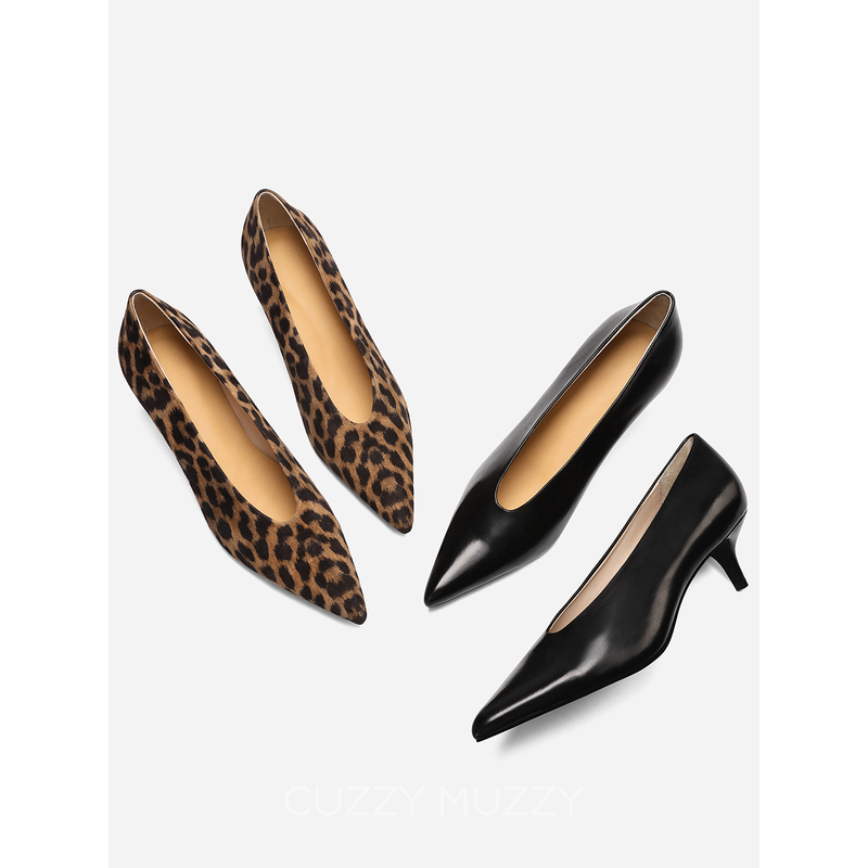 Cuzzymuzzy French Retro High-Heeled Shoes for Women, Stiletto Heels, Shallow Mouth, Elegant Genuine Leather Single Shoes, Pointed Toe Leopard Print Witch Shoes