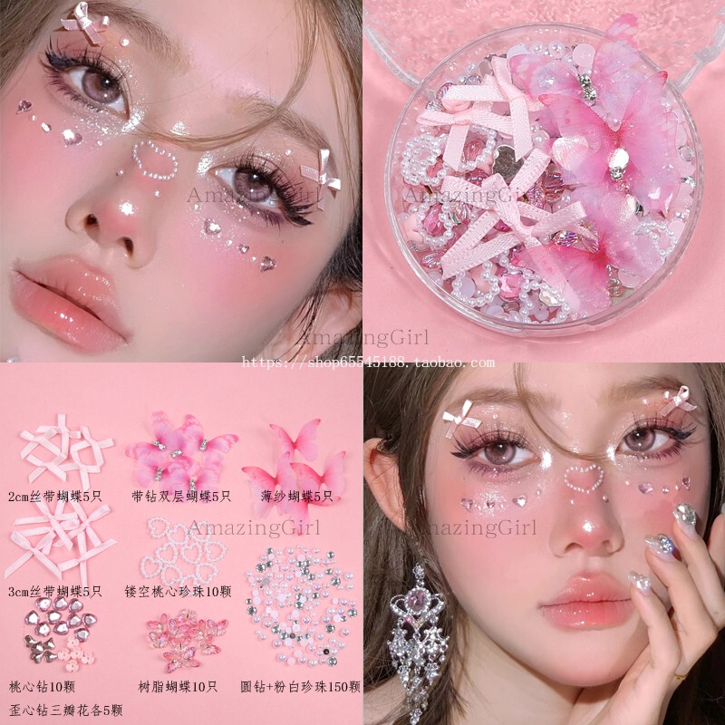 Face Stickers, Eye Makeup, Bright Rhinestones, Pearls, Ribbons, Bows, Concert Face Stickers, Stage Makeup, Performance Makeup