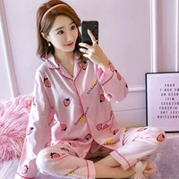 Bộ đồ ngủ nữ mùa hè dài tay Bộ vải cotton Bộ Hàn Quốc Dâu tây nhỏ hai mảnh dệt bông áo kiểu nữ