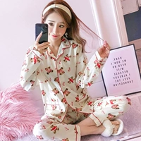 Bộ đồ ngủ nữ mùa thu dài tay cotton nữ đồ ngủ dệt cotton cotton nhỏ Cuihua dịch vụ nhà phù hợp với XL đồ ngủ pijama