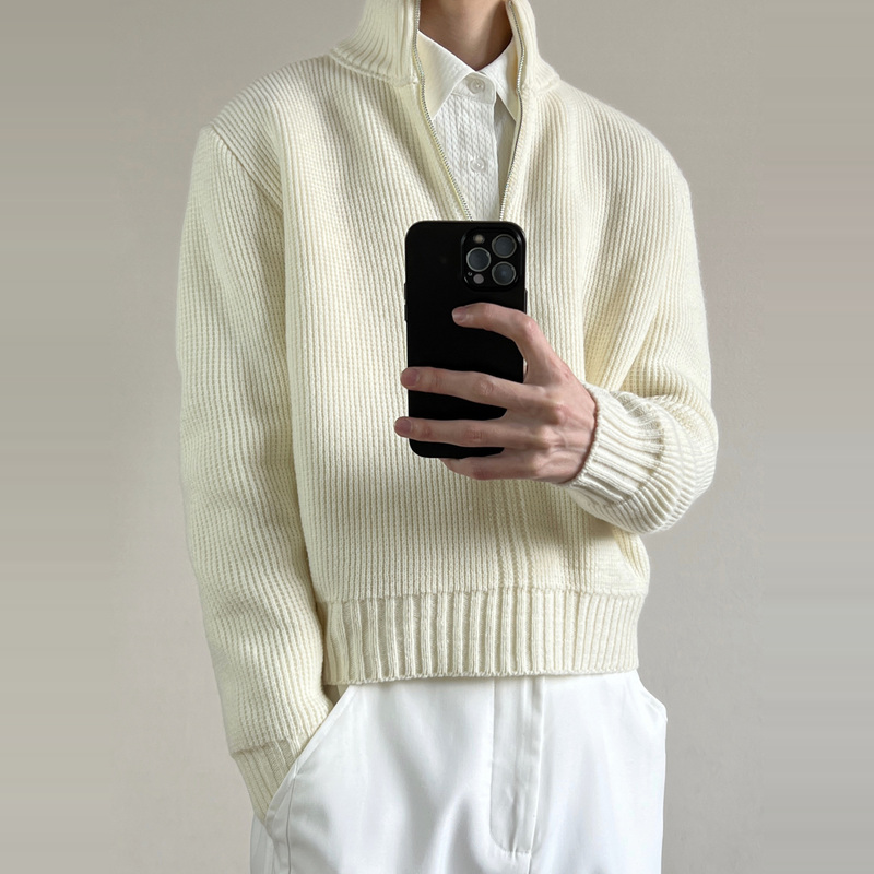 7Ac Half-Zip Turtleneck Wool Blended Short Wide Outwear Knitted Pullover Wool Sweater Cleanfit