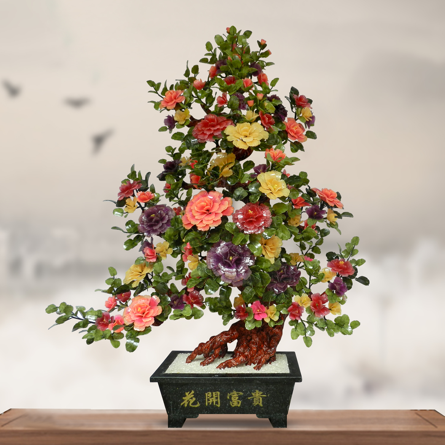High-end Natural Jade Instrumental Large Peony Flowers Lobby Jade Bonsai Living Room Clubhouse Craftsmanship Gift Hem Ornament Swing