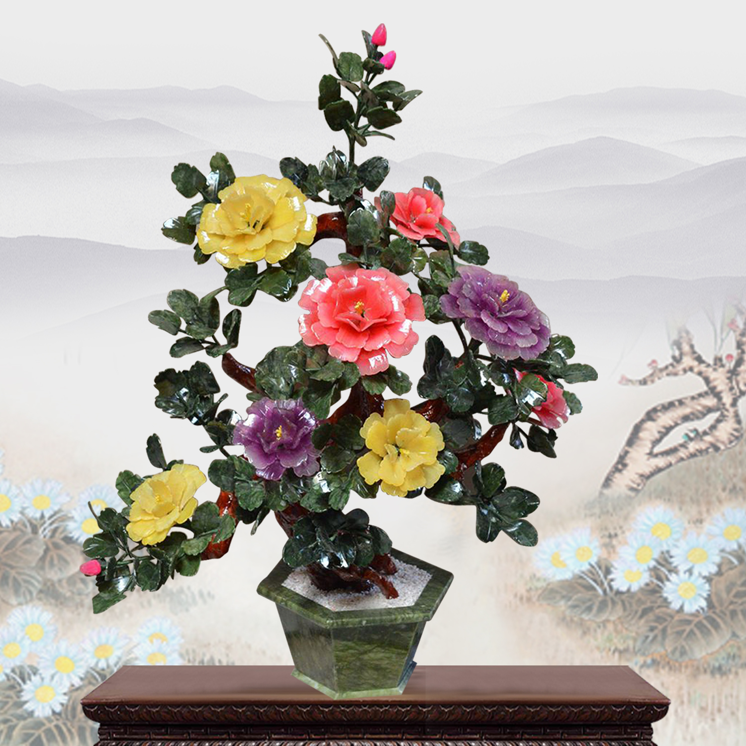 Natural Jade Peony Flowers New Chinese Style Living Room Modern Home Adornment Tea Table Jade Carving Craft Gift Hem Accessories Big Hem