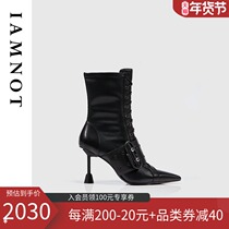 IAMNOT winter Martin boots female short boots thick heel leather English black leather boots Joker pointed side zipper