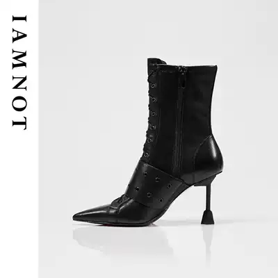 IAMNOT autumn Martin boots female short boots thick heel leather English black leather boots Joker pointed side zipper