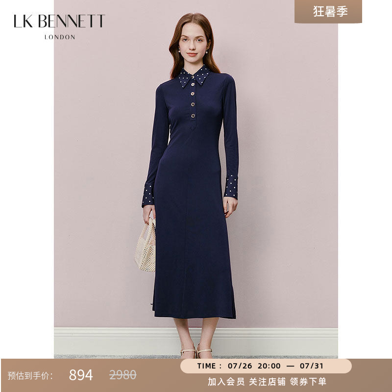 Lk Bennett Dark Blue Dress Spring New Style Retro Polka Dot Stitching Polo Collar Slim Long Sleeves