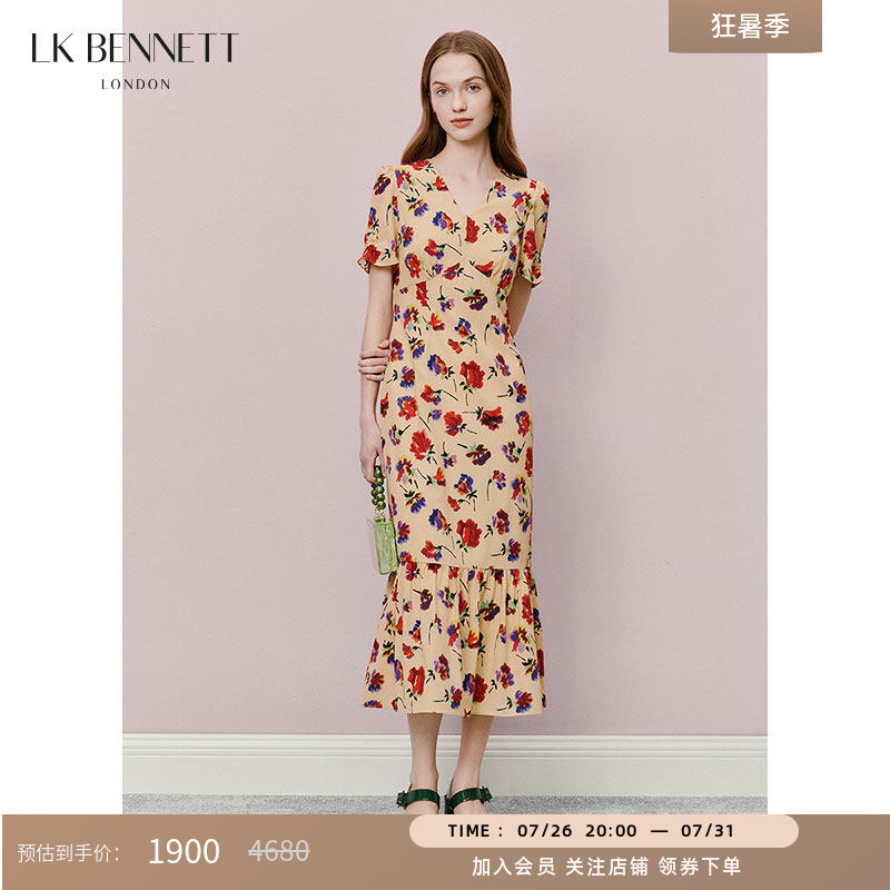 Lk Bennett Printed Fishtail Dress, New Summer Style, French V-Neck, Slim Fit, Waist-Cinching, Slimming, Long Style