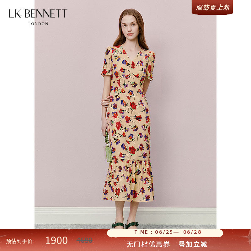 Lk Bennett Printed Fishtail Dress, New Summer Style, French V-Neck, Slim Fit, Waist-Cinching, Slimming, Long Style