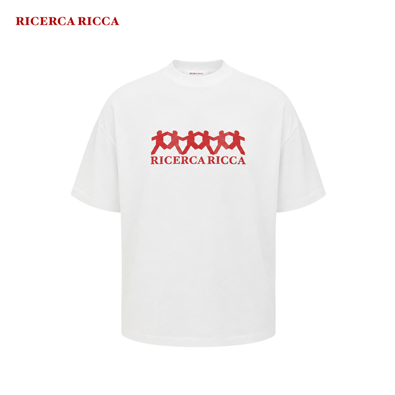 【Riri】Ricerca Ricca Summer Casual Group Print Round Neck Knitted Short-Sleeved T-Shirt for Men and Women