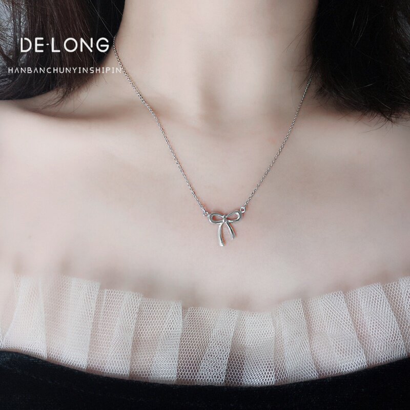 Niche simple design bow necklace s925 sterling silver necklace chic Korean temperament women's collarbone chain jewelry