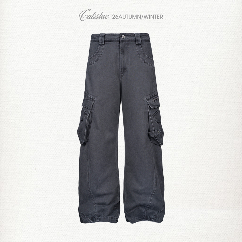 Catsstac Track Disc Bag Scimitar Cargo Pants for Men, Washed Process, Multi-Pocket Design Casual Pants