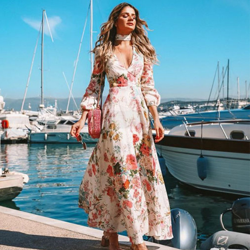 2024 European and American Foreign Trade Cross-Border Dress Ebay Independent Platform Wish Amazon Deep V Long-Sleeve Printed Dress 2024 European and American Foreign Trade Cross-Border Dress Ebay Independent Platform Wish Amazon Deep V Long-Sleeve Printed Dress