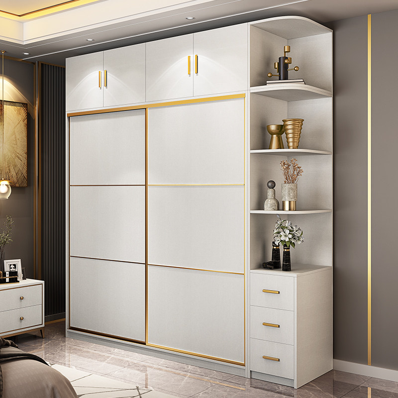 Light luxury wardrobe sliding door simple modern rental room solid wood 2 door home bedroom moving door free of installation large wardrobe