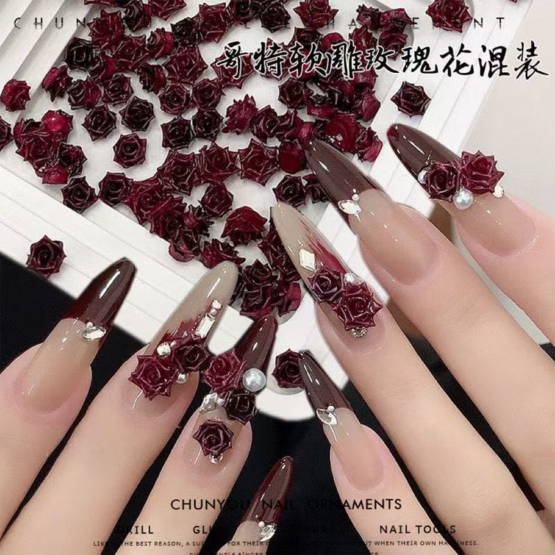 New Year's Nail Art Accessories, Gothic Soft-Carved Roses, Internet-Famous Ankora Red Press-On Nails, Camellia Mixed Sizes New Year's Nail Art Accessories, Gothic Soft-Carved Roses, Internet-Famous Ankora Red Press-On Nails, Camellia Mixed Sizes