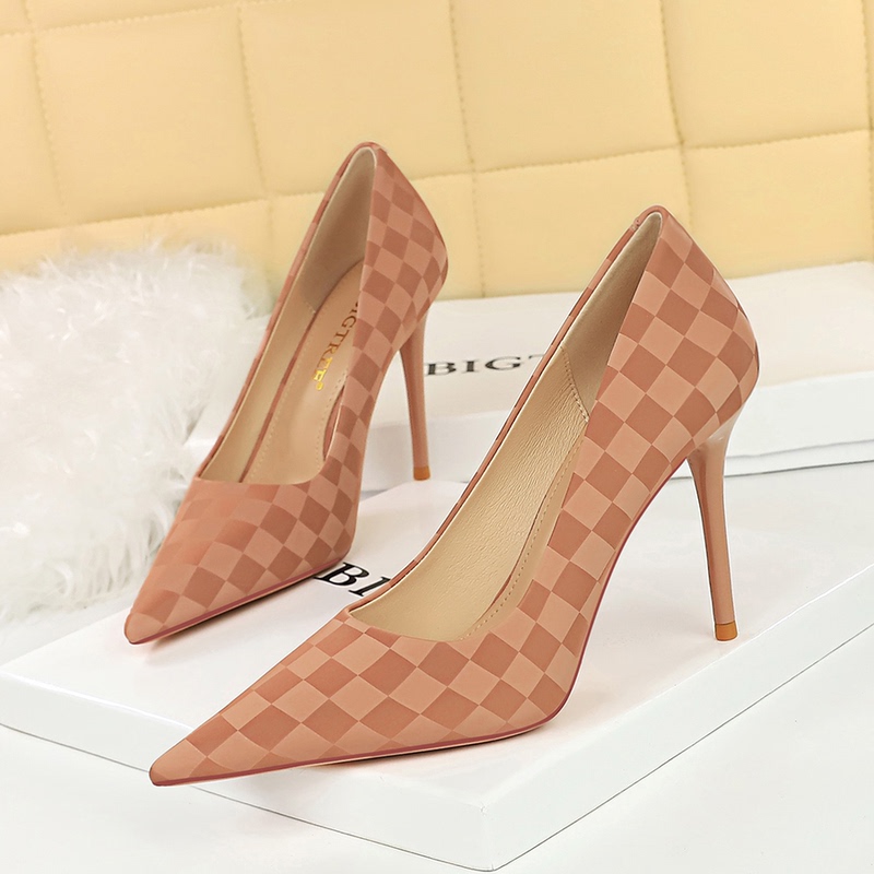 Korean Style Fashion New Plaid Pattern High Heels Women's Shoes Stiletto Ultra-High Heel Shallow Pointed Toe Slimming Women's Single Shoes