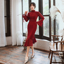 Toast service cheongsam bride 2021 new wine red slim fishtail skirt usually wear small evening dress women