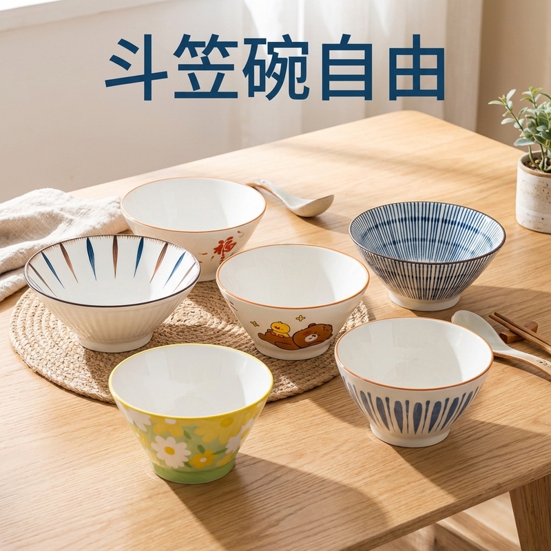 High-Appearance-Value Instagram Yogurt Bowl, Small Daisy Rice Bowl, Underglaze Colored Ceramic Tableware, Household Bowl, 5inch Japanese-Style Conical Bowl