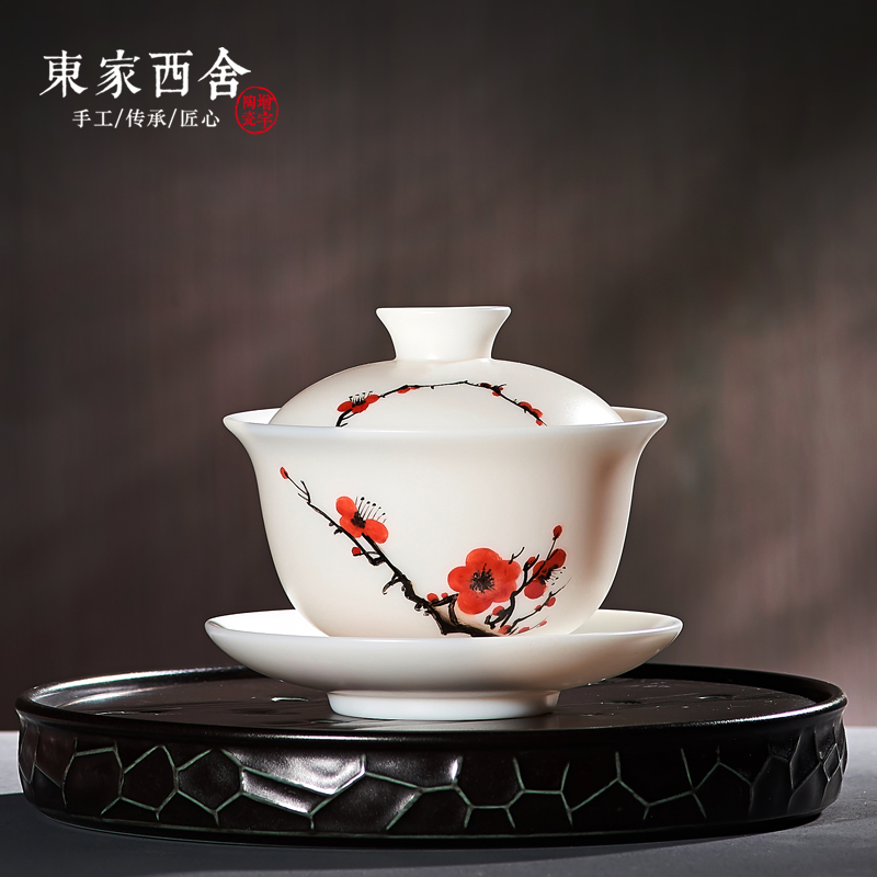 Dongjia Dehua White porcelain hand-painted cover bowl Teacup Kung Fu tea set Fine three-cai cover bowl ceramics Sheep fat jade porcelain