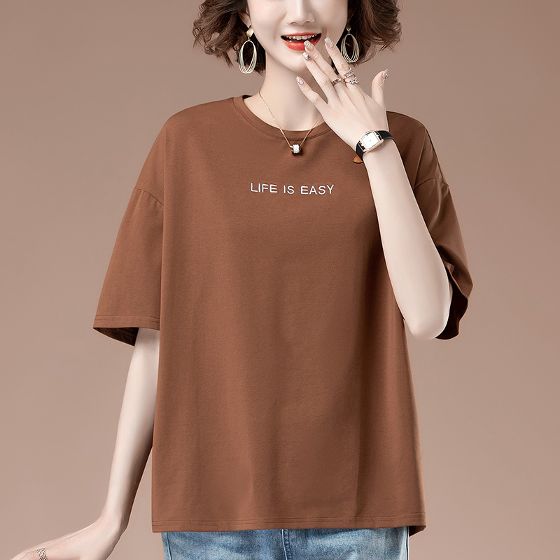 Plus Size Summer New Loose Embroidered Short-Sleeved T-Shirt for Middle-Aged Women, Casual Pure Cotton Top