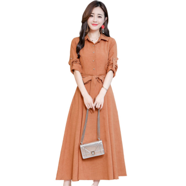 2023 autumn dress with waist strap long-sleeved shirt skirt temperament fashion slim cotton linen long dress women