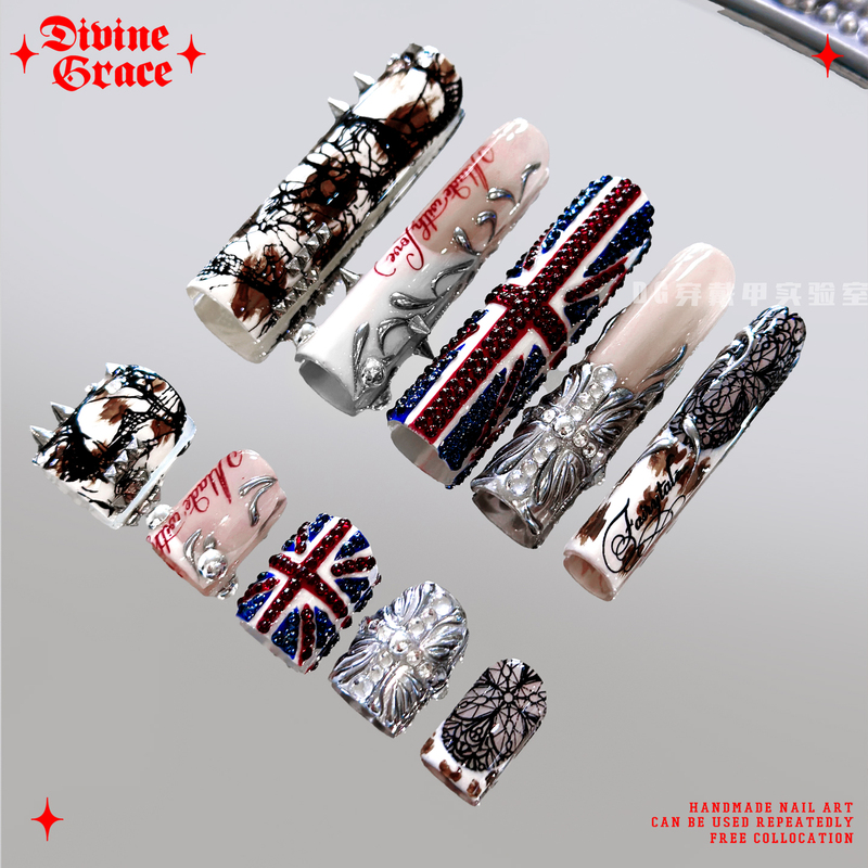 [Hot Girl Nail Art] European and American Style Leopard Print Lace English French Manicure/Original High-Quality Handmade Wearable Nails